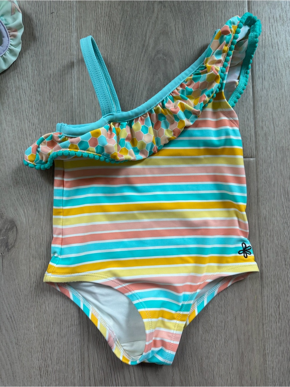 Matilda Jane Girls One-Shoulder Striped Swimsuit in Teal, Yellow & Coral